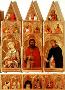 Svatá Kateřina Alexandrijská, svatý Jan Křtitel, svatý Petr z Verony. Detail polyptychu Svaté Kateřiny Alexandrijské (tempera a zlato na dřevě od Simone Martini