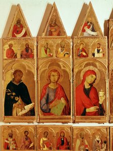 Svatý Dominik, Svatý Jan Evangelista, Svatá Máří Magdalena. Detail polyptychu Svaté Kateřiny Alexandrijské (tempera a zlato na dřevě od Simone Martini