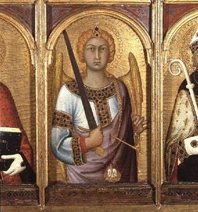 St. Michael, detail z oltářního obrazu SS Geminianus, Michael a Augustine, c.1319 (tempera se zlatem a stříbrem na desce) (detail 58835) od Simone Martini