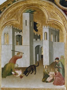 Zázrak dítěte chňapne mezi tesáky vlka. Část triptychu Historie poustevníka svatého Augustina (tempera na dřevě od Simone Martini