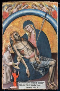 Oplakávání nad mrtvým Kristem s klientem, Iohannesem de Elthinl, Simone dei Crocifissi, c. 1368. Panna je znázorněna jako Panna Maria Bolestná s mečem v srdci.