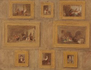 Jediné dítě; Židovská harfa; Uříznutý prst; Hra na slepou bábu; Den pronájmu; Scotch Piper; Prieu-Dieu; a autoportrét: skica osmi obrazů zarámovaných a zavěšených na zdi