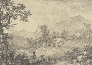 Dvě postavy u rybníka a kostela v kopcovité krajině od Sir George Howland Beaumont seventh Baronet