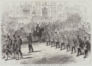 Revoluce ve Španělsku, generál Prim hodnotí vojska v Madridu od Sir John Charles Robinson