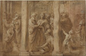 Zázrak chromého uzdraveného svatým Petrem a svatým Janem od Sir Peter Paul Rubens over Anonymous Italian after Parmigianino after Raphael