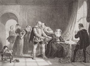 Mary Queen of Scots (1542-87) nucena podepsat svou abdikaci na zámku Lochleven v roce 1567, z „Ilustrace anglické a skotské historie“ Volume I od Sir William Allan