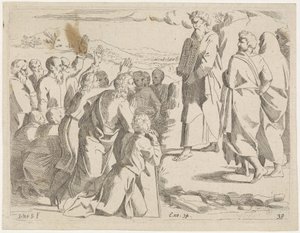 Mojžíš ukazuje lidem tabulky zákona Biblické scény (název série) Historia del Testamento Vecchio / Dipinta in Roma nel Vaticano da Raffaelle di Urbino (...) (název série)