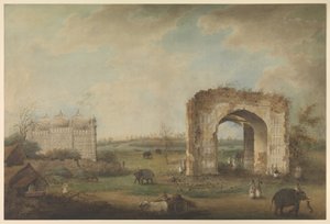 Pohled na mešitu a bránu v Motijhil, cca 1814–23 (neprůhledný akvarel na papíře) od Sita Ram (attr. to)