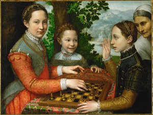 Šachová partie, do které jsou zapojeny tři malířovy sestry a sluha. od Sofonisba Anguissola