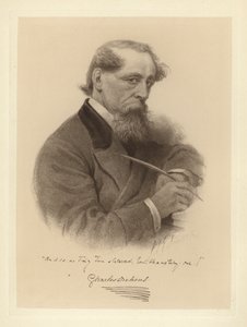 Portrét Charlese Dickense držícího pero (černobílá fotografie) od Solomon (after) Eytinge