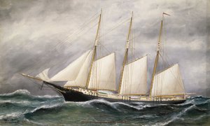 Škuner "Robert Ingle Carter", spuštěný na vodu v roce 1891 v Bostonu (Massachusetts, USA) pro obchodníka s uhlím v Newportu (Rhode Island, USA). od Solon Francis Montecello Badger