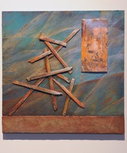 Boží děti, 2007 (deska, měď, nalezené předměty, textura, nitě, zlacení, )