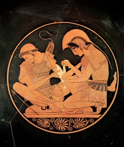 Interiér podkrovní červené figury kylix znázorňující Achilla, který pečuje o zraněné Patroklesy, z Vulci, cca 500 př. n. l. (keramika) od Sosias Painter