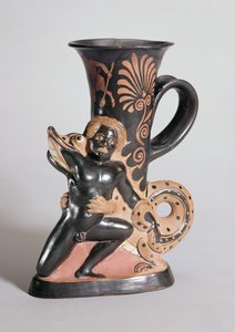 Rhyton ve tvaru rohu s červenou postavou zobrazující krokodýla útočícího na Núbijce, Řek, kolem roku 350 př. n. l. (hlína) od Sotades