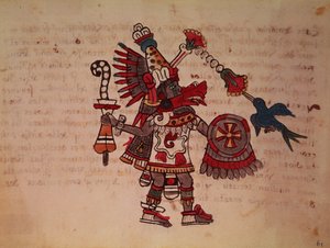 Quetzalcoatl, opeřený had, bůh větru, vzdělanosti a kněžství, mistr života, tvůrce a civilista, patron každého umění a vynálezce metalurgie (vellum)