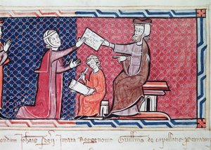 Žena skládající přísahu před králem Jakubem I. (1207-76) z Mallorky, detail smírčího soudce, ženy a písaře, z Capbreu de Clayra et de Millas, 1292 (detail z roku 181839) od Spanish School