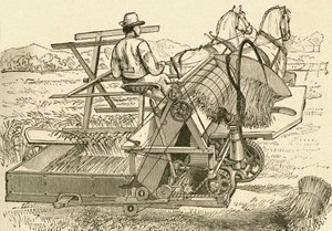 Sklízecí stroj tažený koňmi, který mechanicky svázal snopy obilí, používaný koncem 19. století. Od El Museo Popular publikoval Madrid od Spanish School