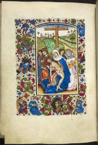 Přidat MS 50004 f.70v Panna Maria držící tělo Kristovo, se dvěma učedníky a ženami vedle ní, z „Knihy hodin“ (inkoust, barva a zlato na pergamenu) od Spanish School