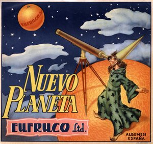 Reklama s kouzelníkem pozorujícím „“novou planetu Orange“““. Reklamní plakát, Valencie od Spanish School