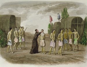 Domorodý otrok z kmene Tupinamba je pokřtěn jezuitským knězem poblíž Bahie v roce 1550 od Spanish School