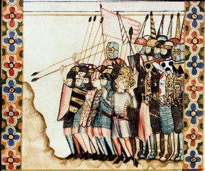 Armee des croises Detail stránky převzaté z rukopisu Písně o svaté Marii (Cantigas de Santa Maria), zdobení miniatur věnovaných svaté Marii a jejím zázrakům, sbírka písní redigovaných za vlády Alfonse X. moudrého (1221- 1284). od Spanish School