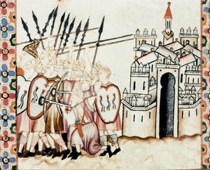 Armée z Maurů bránící město Detail stránky převzaté z rukopisu Písně svaté Marie (Cantigas de Santa Maria), zdobí miniatury věnované svaté Marii a jejím zázrakům, sbírka písní redigovaných za vlády Alfonse X. w od Spanish School