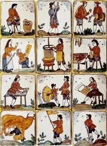 Řemeslná řemesla: obuvník, bednář, výrobce proutěných košíků, vinař, kreslíř, muzikant, dojení krav, brusič, farmář, ebenista. Katalánské keramické dlaždice (Španělsko) od Spanish School