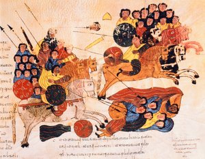 Bitva mezi Hebrejci a Pelištejci, z Vizigótsko-mozarábské Bible svatého Isidora, fol. 119r., n. l. 960 (tempera na pergamenu) od Spanish School