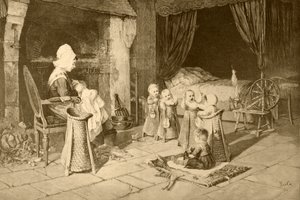 Dětský domov ve vesnici, podle Haagova obrazu z "Album Artistico", vydaného kolem roku 1890 od Spanish School
