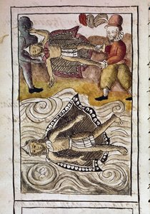 Kodex o dobytí Mexika: Těla Itzquauhtzina a Montezumy neboli aztéckého císaře Moctezumy II (1466-1520) vyhodili Španělé z paláce. od Spanish School