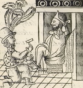 Kodex dobytí Mexika: vypuknutí války, Aztécký císař Montezuma v železech od Spanish School
