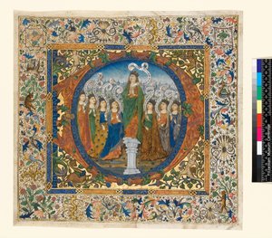 Koláž s historizující iniciálou a bordurou z Chórového žaltáře, asi 1482-1492 (pergamen) od Spanish School