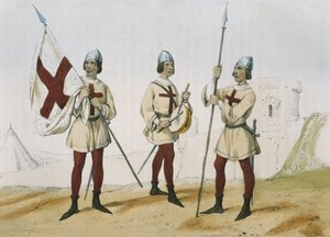 DE SOTTO, Serafin Maria, hrabě z Clonardu (1793 - 1862). Historia organica de las armas de Infanteria y Caballeria espanolas. 1851 - 1859. Pěchota za vlády katolických monarchů Španělska. Praporečník, bubeník a kopiník "Santa He od Spanish School