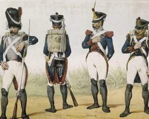 DE SOTTO, Serafin Maria, hrabě z Clonardu (1793 - 1862). Historia organica de las armas de Infanteria y Caballeria espanolas. 1851 - 1859. Pěchota za vlády Ferdinanda VII. španělského. Granátník, střelec, seržant a chasseur (1815-1820). Rytina od Spanish School