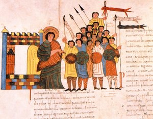 Odchod armády krále Davida do války, z Vizigótsko-mozarábské Bible svatého Isidora, fol. 131v., n. l. 960 (tempera na pergamenu)