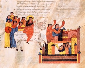 Vjezd krále Davida do Jeruzaléma za zvuku trubek, z Vizigótsko-mozarabské Bible svatého Isidora, fol. 135r., 960 n. l.