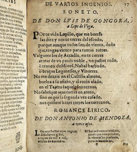 GOGOORA Y ARGOTE, Luis de (1561-1627). Španělský básník zlatého století; VEGA CARPIO, Felix Lope de (1562-1635). Soneto a Lope de Vega" (Sonet Lope de Vegovi), báseň zařazená do sbírky "Poesias varias de grandes ingenios espanoles", kterou sestavil Ios. od Spanish School
