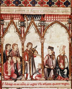 Skupina trubadúrů, ilustrace z “”Cantigas de Santa Maria”””, vytvořená pod vedením Alfonsa X. (”Moudrý”), krále Kastilie a Leónu (1221-84) - Králův dvůr a hudebníci. miniatura z rukopisu Písně svaté Marie (Cantig od Spanish School