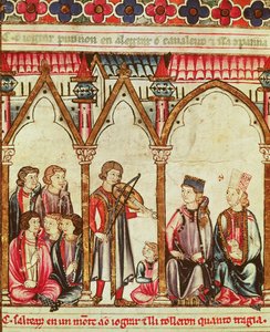 Skupina trubadúrů, ilustrace z Cantigas de Santa Maria, vyrobené pod vedením Alfonse X (Moudrý) krále Kastilie a Leónu (1221-84) (viz také 56625) od Spanish School