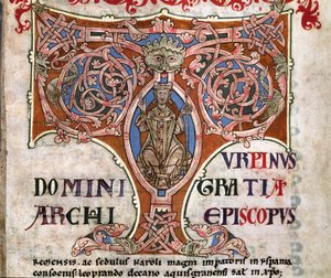 Iniciála T s vyobrazením Karla Velikého, ilustrace z Codexu Calixtinus, kolem 1140 od Spanish School