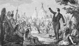 Joseph Smith, zakladatel Mormonské církve, Kázání Indiánům, z „La Vuelta al Mundo“, vydáno v Madridu, 1865 (rytina) od Spanish School