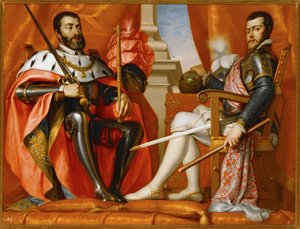 Karel V. se svým synem Filipem II... (malba na plátně) od Spanish School