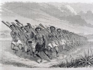 Maorští válečníci předvádějí válečný tanec, ilustrace z „Návratu do světa“ (rytina) od Spanish School