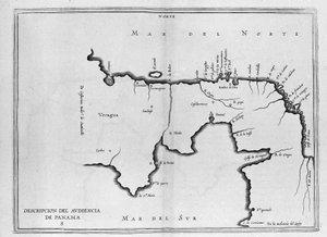 Mapa Střední Ameriky (Panama) ze španělského svazku cest z počátku 17. století. Mapa je orientována na starověký režim (od severovýchodu k východu) a Atlantský oceán se nazývá Severní moře a Tichomoří jižní moře. od Spanish School