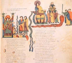 Mojžíš a Áron před faraónem, Mojžíš s hadem a vytvořil jednu z egyptských ran tím, že svou holí proměnil vody Nilu v krev, z vizigótsko-mozarábské Bible