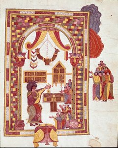 Mozarabské umění: „“ jeruzalémský chrám, Áron je znázorněn jako velekněz před oltářem.“ Miniatura z mozarabské bible. 10. století. Leon. Knihovna Royal Collegiale svatého Isidora. Španělsko od Spanish School