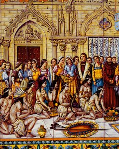 Domorodí Američané přivezli družinu Kolumba do Španělska v roce 1492 (keramika) od Spanish School