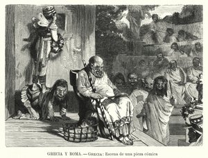 Představení komedie v divadle ve starověkém Řecku (litho) od Spanish School