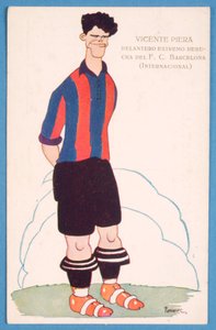 Pohlednice zobrazující karikaturu španělského fotbalisty Vicente Piery z Barcelony od Spanish School