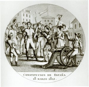 Vyhlášení liberální ústavy z 18. března 1812 vlastenci, vyhlášené v Cádizu Cortes od Spanish School